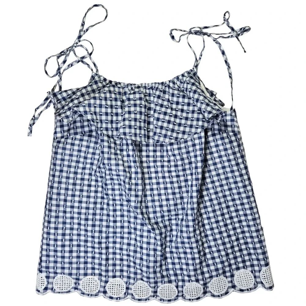 J. Crew Womens Blue Gingham Eyelet Scalloped Hem Tie Strap Ruffle Top G6577 Sz 2